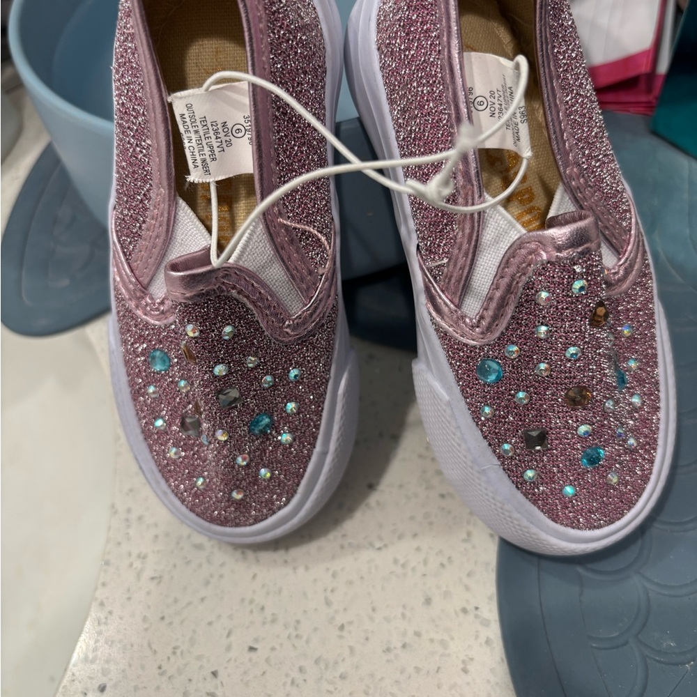 Sparkly Pink Slip-On Shoes with Gem Accents. Size 6